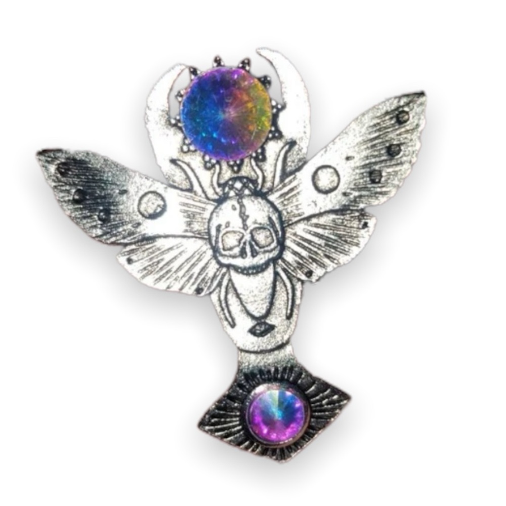 New Stainless Steel Butterfly Skull Rainbow Gemstone Pendant Necklace - Picture 2 of 11